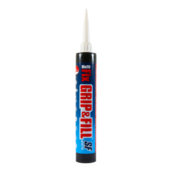 A cartridge of Multi-Fix Grip & Fill SF high-strength adhesive in white. The tube features a blue and red label with bold white text and includes a white applicator nozzle, designed for gap filling and bonding applications.
