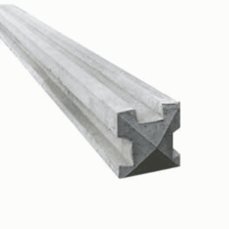 A long 3-way concrete slotted fence post showing a cross-section with three deep channels. Designed for corner or junction fencing, this durable grey post allows for the easy insertion of timber fence panels or gravel boards.