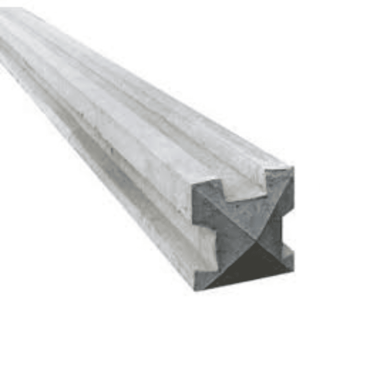 A long 3-way concrete slotted fence post showing a cross-section with three deep channels. Designed for corner or junction fencing, this durable grey post allows for the easy insertion of timber fence panels or gravel boards.