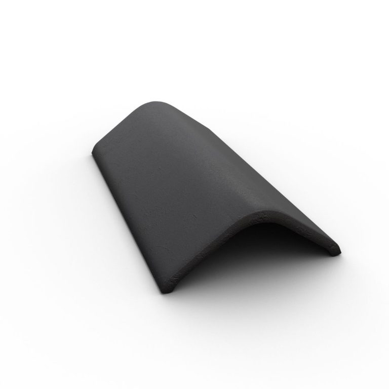 A single anthracite-coloured angled ridge tile isolated on a white background.