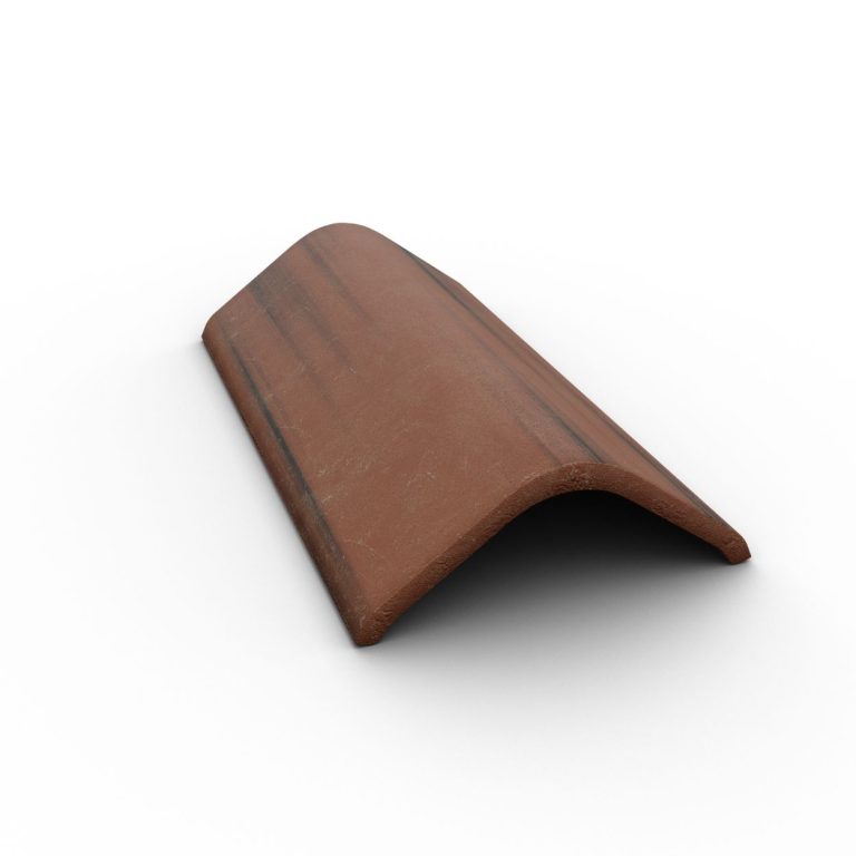 A single rustic red angled ridge tile with dark streaks, isolated on a white background.