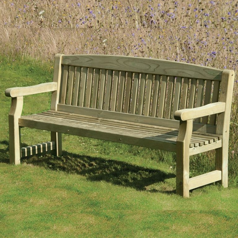 A classic timber garden bench made from pressure-treated wood. It features a sturdy design with a slatted backrest and armrests, perfect for outdoor spaces.