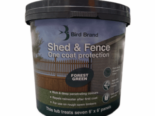 A 5-litre tub of Bird Brand Shed & Fence One Coat Protection in Forest Green. The label shows the paint applied to garden fencing and a shed, noting it is quick-drying, rainproof in one hour, and enough to treat seven 6' x 6' panels.