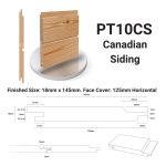 Technical specification for PT10CS Canadian Siding. The diagram illustrates an 18mm x 145mm tongue and groove profile with a 125mm horizontal face cover, providing precise measurements for timber cladding installation.