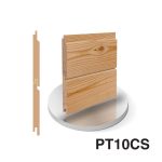 A product visual for PT10CS timber cladding. The image shows a 3D render and side profile of the tongue and groove design, highlighting the natural wood grain and the interlocking horizontal joint.