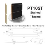 Technical specification for PT10ST Stained Thermo cladding. The diagram displays a black-stained 21mm x 142mm tongue and groove profile with a 122mm horizontal face cover, showing detailed dimensions for installation.