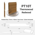 Technical specification for PT10T Thermowood Redwood cladding. The diagram displays a 21mm x 142mm tongue and groove profile with a 122mm face cover, showing detailed dimensions for horizontal timber cladding installation.