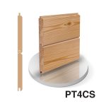 A product visual for PT4CS timber cladding. The image shows a 3D render and side profile of the tongue and groove design, highlighting the natural wood grain and the interlocking joint for vertical installation.