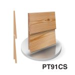 A product visual for PT91CS timber cladding. The image shows a 3D render and side profile of the tapered weatherboard design, highlighting the natural wood grain and the overlapping shiplap-style joint.