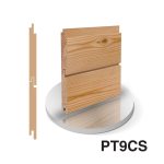 A product visual for PT9CS timber cladding. The image shows a 3D render and side profile of the tongue and groove design, highlighting the natural wood grain and the interlocking joint for vertical installation.