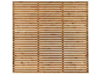 A square cedar-look horizontal slatted fence panel featuring thin, evenly spaced timber laths, isolated on a white background.