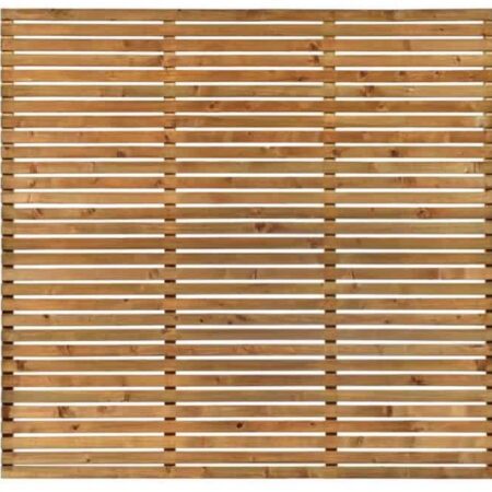A square cedar-look horizontal slatted fence panel featuring thin, evenly spaced timber laths, isolated on a white background.