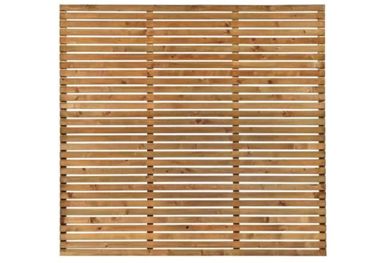 A square cedar-look horizontal slatted fence panel featuring thin, evenly spaced timber laths, isolated on a white background.