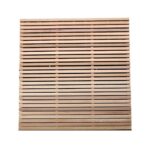 A high-quality Western Red Cedar slatted fence panel with a contemporary horizontal design. The panel features narrow timber slats in varying natural wood tones—ranging from pale cream to warm reddish-brown—spaced evenly to create a modern, decorative screen.