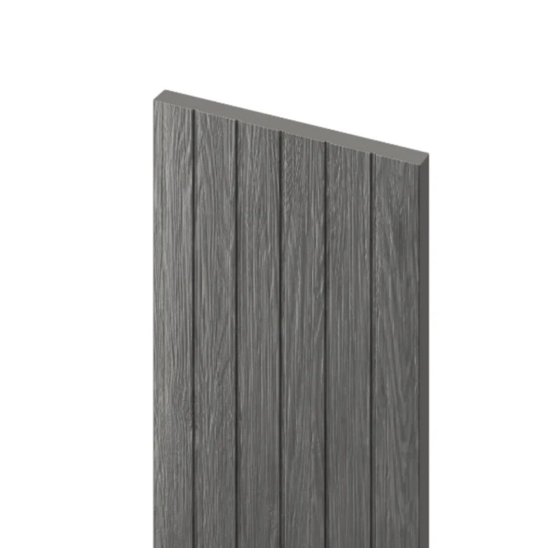 A studio shot of a Charcoal-coloured DuraPost Vento composite fence slat. The image highlights the deep grey woodgrain texture and the vertical hit-and-miss panel design, offering a sleek, contemporary look for modern garden fencing.