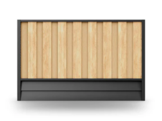 Alt text: A studio product shot of a DuraPost Vento composite fencing panel. It features vertical "hit-and-miss" slats in a light Natural woodgrain finish, framed by a sleek black top rail and side posts, with a black gravel board at the base for a modern, high-contrast garden border.