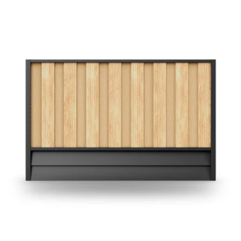 Alt text: A studio product shot of a DuraPost Vento composite fencing panel. It features vertical "hit-and-miss" slats in a light Natural woodgrain finish, framed by a sleek black top rail and side posts, with a black gravel board at the base for a modern, high-contrast garden border.